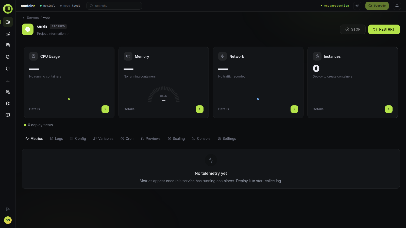 Service view with metrics, logs, and configuration tabs